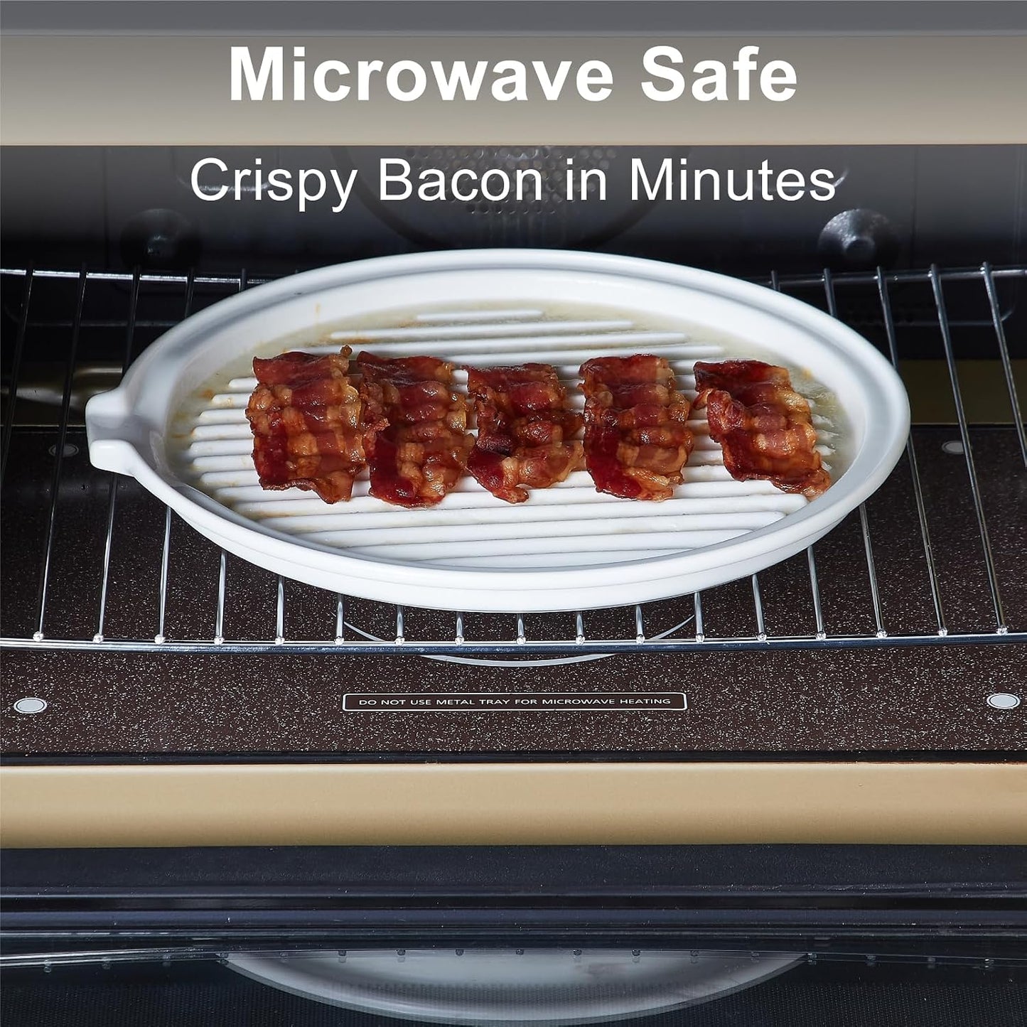 ONEMORE Microwave Bacon Cooker, Ceramic Bacon Tray with Splatter Cover | Meat Rack for Oven Cooking Crispy Bacon Maker with Collapsible Lid - 13 inch Round Bacon Dish Plate, Dishwasher Safe, White