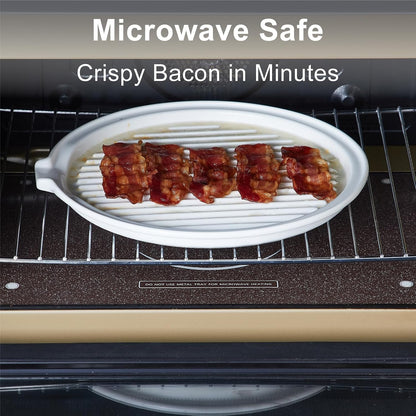 ONEMORE Microwave Bacon Cooker, Ceramic Bacon Tray with Splatter Cover | Meat Rack for Oven Cooking Crispy Bacon Maker with Collapsible Lid - 13 inch Round Bacon Dish Plate, Dishwasher Safe, White