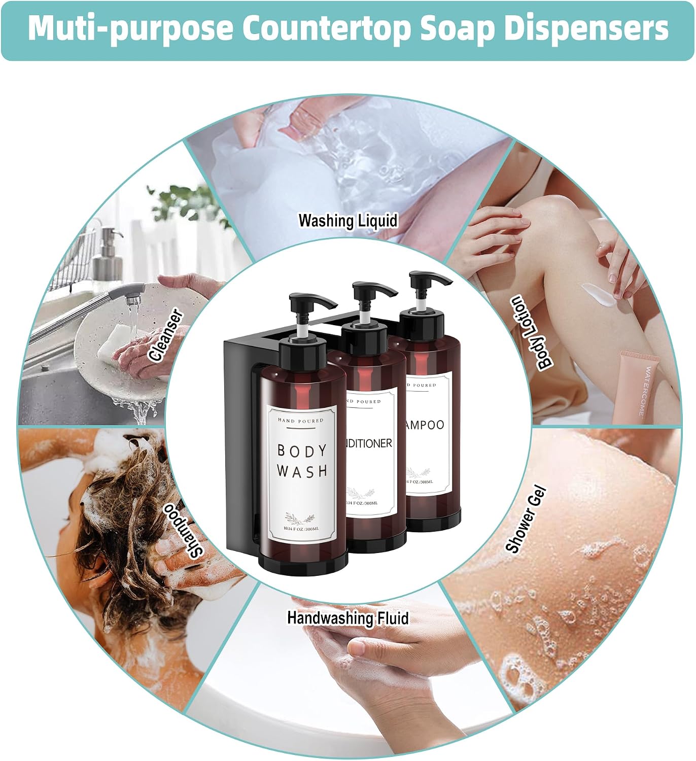 Plastic Shampoo Dispenser Body Wash Dispenser Wall Mount for Home | Shampoo and Conditioner Dispenser No-Drill 3 Chamber Wall Mounted Shower Soap Dispenser Refillable Pump Bottle for Bath Hotel
