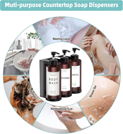 Plastic Shampoo Dispenser Body Wash Dispenser Wall Mount for Home | Shampoo and Conditioner Dispenser No-Drill 3 Chamber Wall Mounted Shower Soap Dispenser Refillable Pump Bottle for Bath Hotel