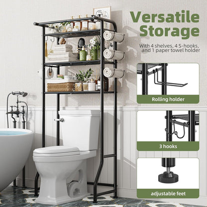 Simple Trending Over The Toilet Storage Cabinet, Metal Bathroom Shelf Organizer with Paper Holder and Hooks, 3 Tier, Black