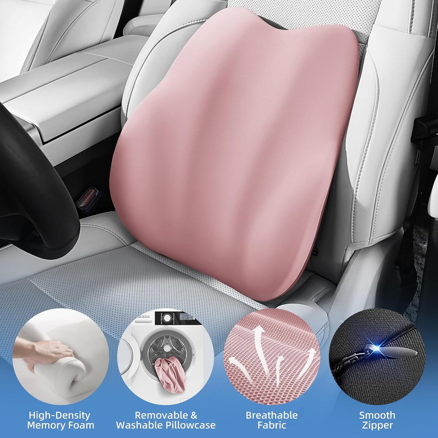 BEBAS Ergonomic Lumbar Support Pillow for Car, Memory Foam Car Back Cushion | Comfort Lumbar Pillow for Back Pain Relief, Breathable Washable Cover, Fits for Driving, Office, Wheelchair, Black