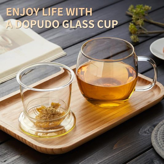 DOPUDO Glass Tea Cup with Infuser and Lid, 17.6oz/520ml Large Borosilicate Teacup,Tea Glass, Clear Mug for Loose Leaf Tea, Blooming Tea, Microwave & Dishwasher Safe - Tea Maker Gift for Birthday.