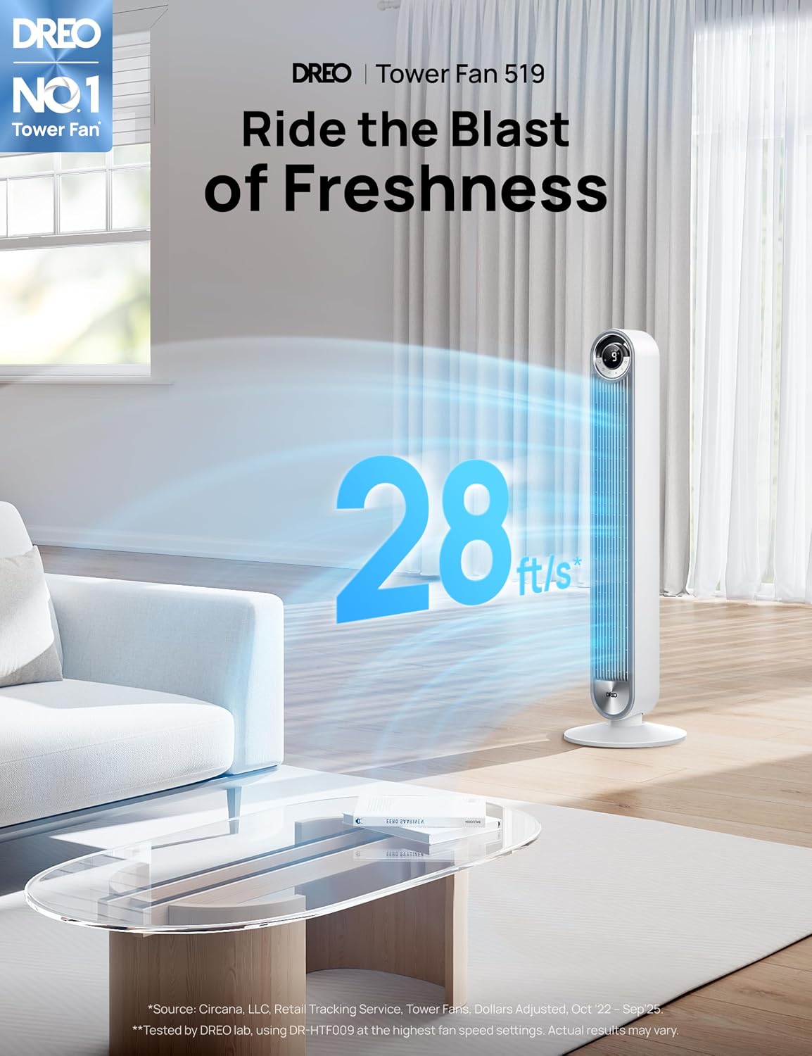 DREO Tower Fan for Bedroom, Upgraded DC 28ft/s Velocity, 9 Speeds