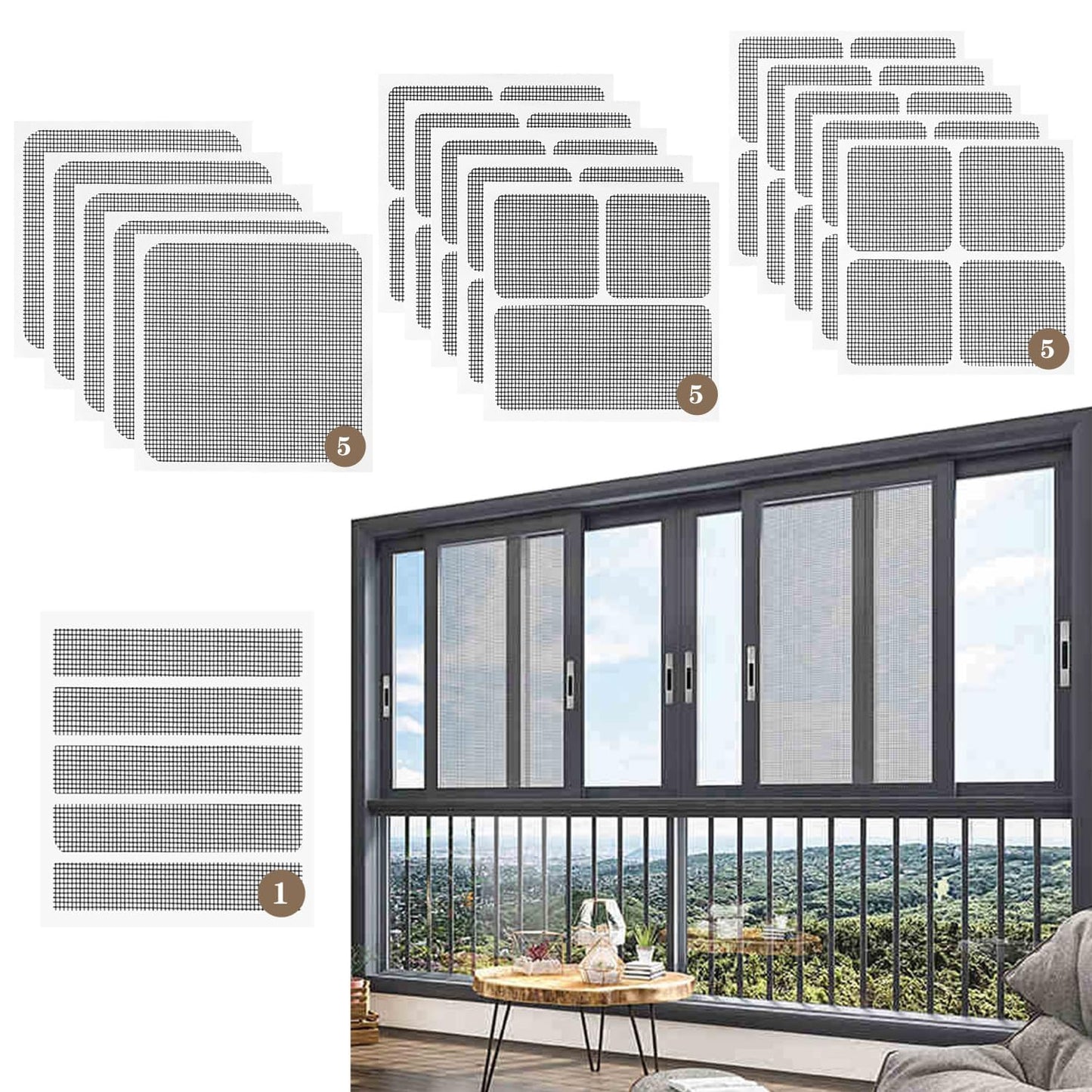Black Window Screen Repair Kit, 16 Pcs 4 Sizes High-Strength Adhesive Fiberglass Screen Patches for Mesh Door and Window Repair (Black)