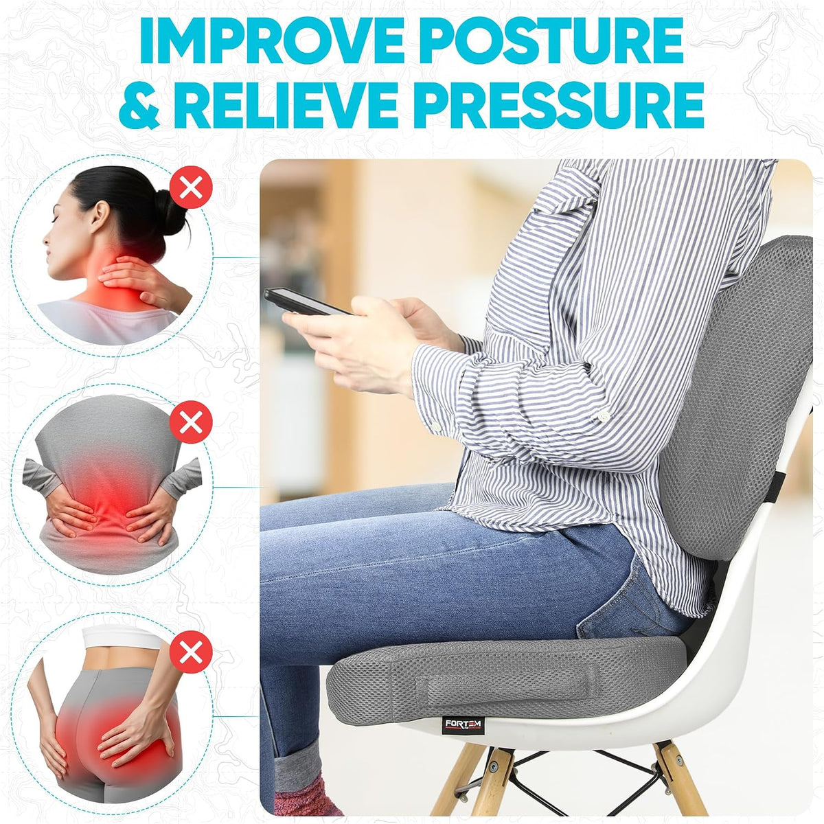 FORTEM Seat Cushion & Lumbar Support for Office Chair, Wheelchair, Car