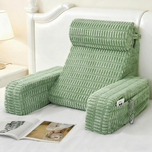 Reading Pillow for Bed Sitting Up with Large Pockets,Modern Style | 19" Supportive Backrest Cushion for Reading,Nursing,Resting,or Reclining,Stable Armrests & Washable Cover – Sage Green