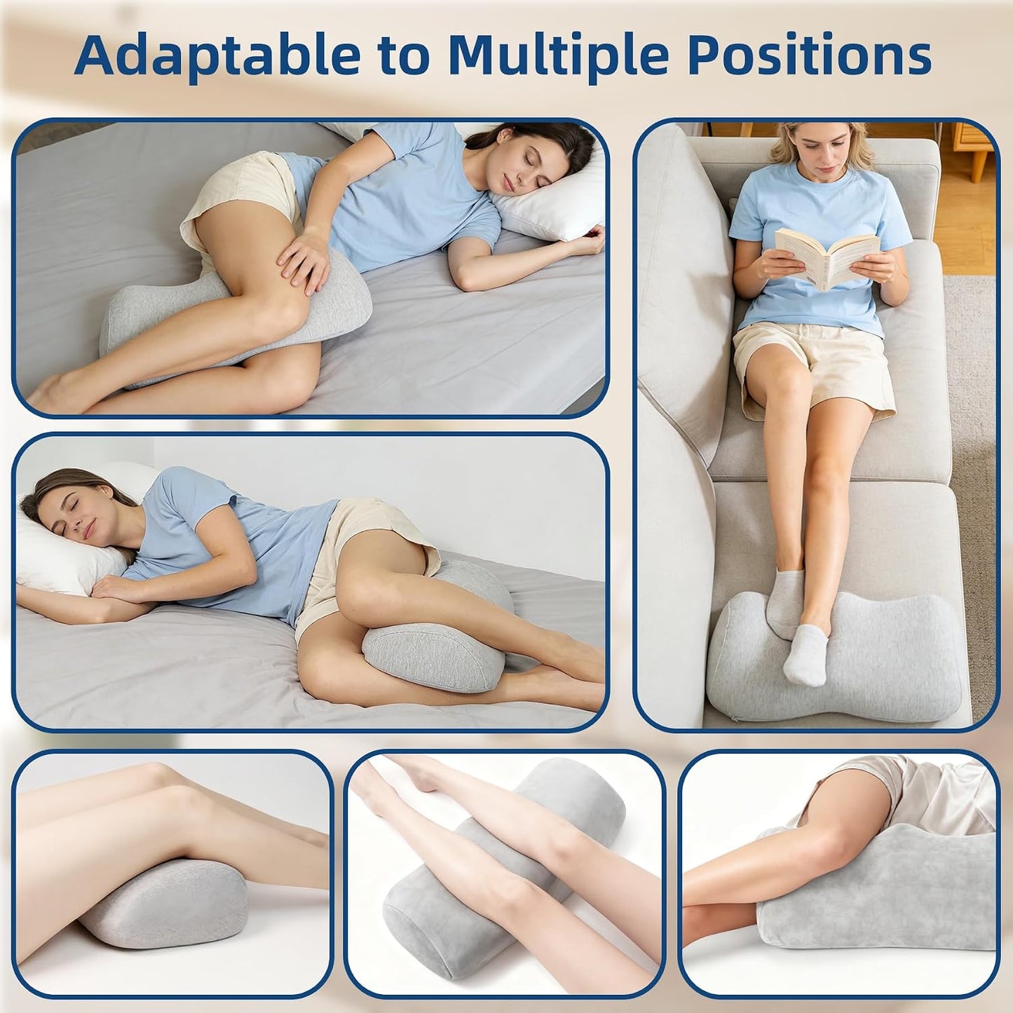 Ergonomic Knee Pillow for Back Sleeping - Memory Foam Bolster Pillow for Sleep Improvement, Knee Support, Leg Elevation, Back Pain Relief, with Softer Non-Irritating Washable Cover, Grey
