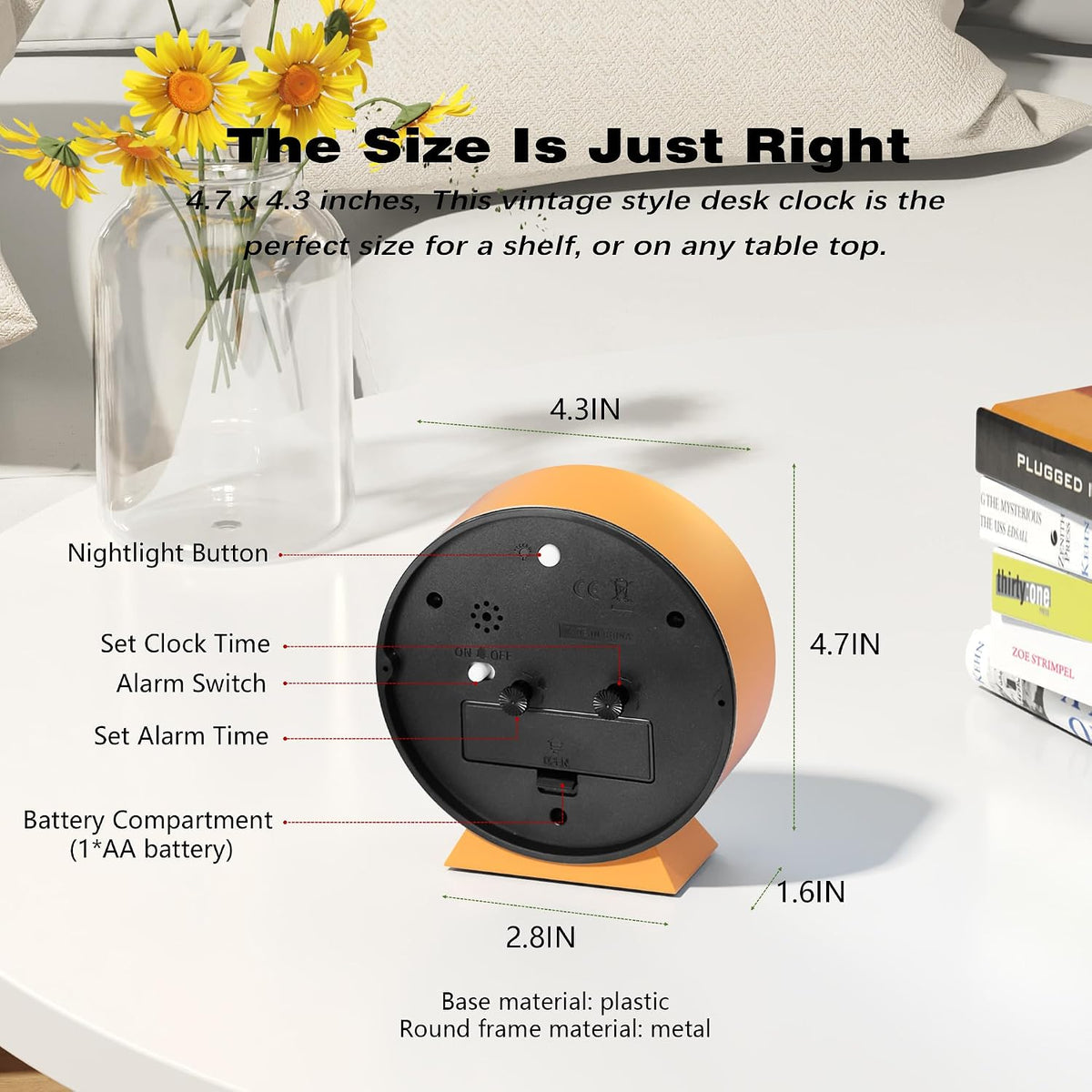 AYRELY® 4.5" Analog Alarm Clock, Small Retro Desk Clock and Table Clock