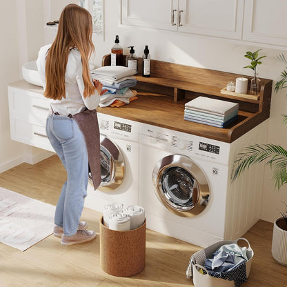 2-Tier Washer Dryer Countertop with 2.75" H Edge Rails, 54" W x 27.55" D Laundry Countertop for Folding Clothes, Washer and Dryer Topper with Non-Slip Pad (Dark Walnut)