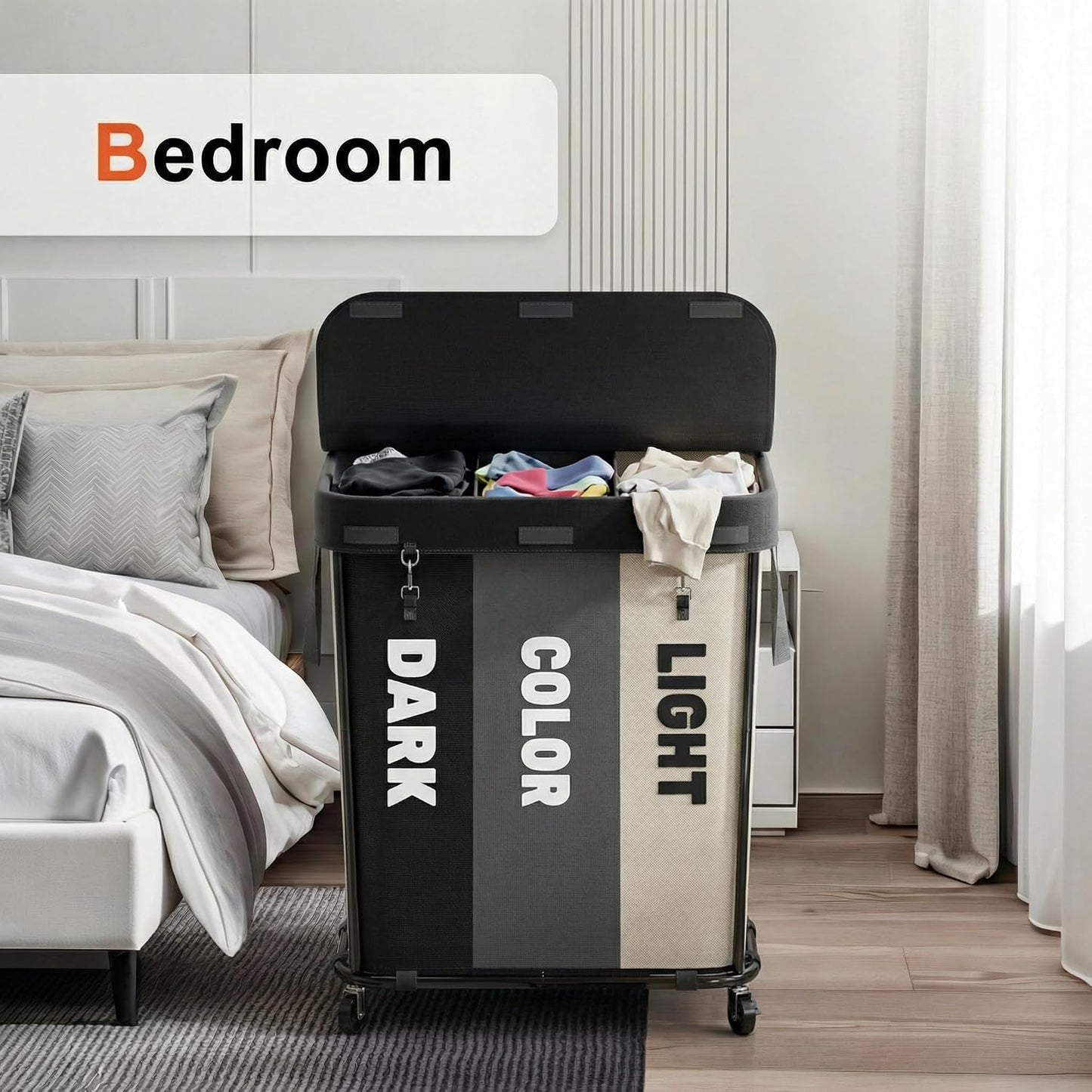 Laundry Sorter with Wheels 240L Rolling Laundry Cart,3 Compartment Designed Removable Laundry Bag for Daily Use in Bathrooms and Laundry Rooms (Brown, 240L)