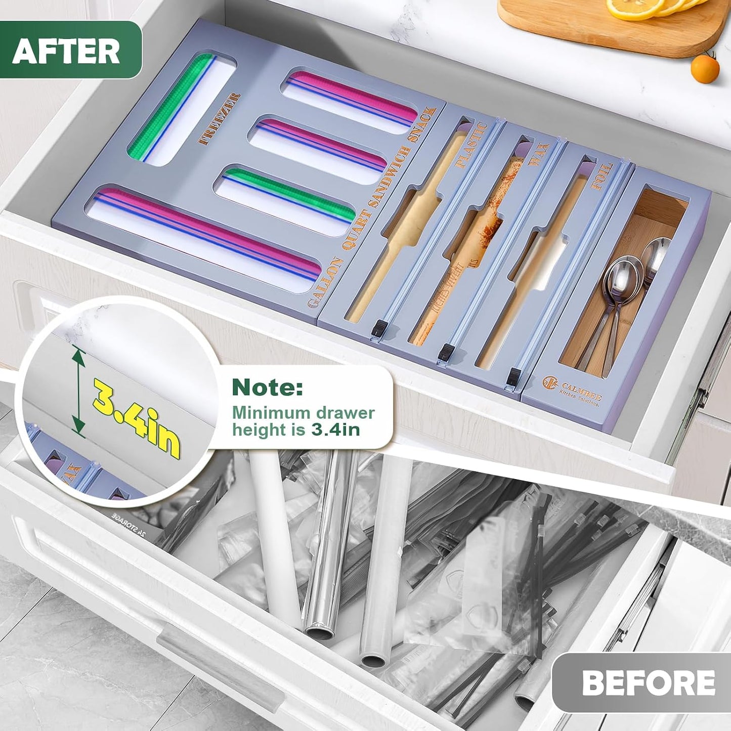 Calmbee 9 in 1 Bamboo Storage Bag Organizer for Kitchen Drawer – Plastic Wrap Dispenser with Cutter & Foil Organizer, Wooden Baggie Organizer for Sandwich, Snack, Gallon, Quart Sizes, Natural