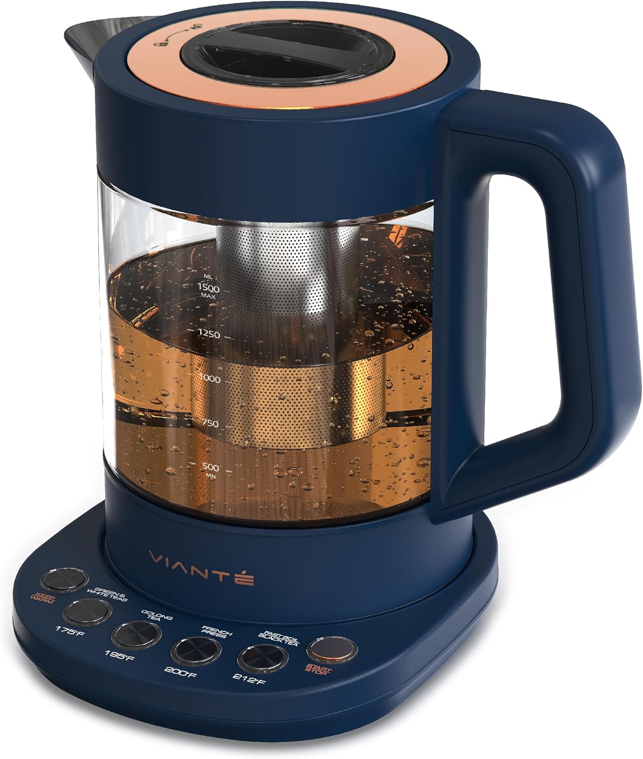 Viante Alba Electric Tea Kettle With Infuser, No Plastic, 1.5L | Borosilicate glass & 304 stainless steel construction. 4 temp presets, keep-warm, cordless, auto shut-off