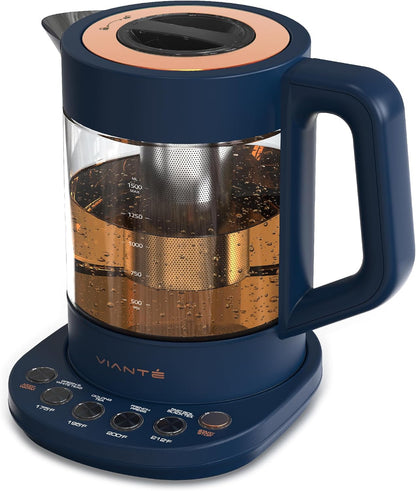 Viante Alba Electric Tea Kettle With Infuser, No Plastic, 1.5L | Borosilicate glass & 304 stainless steel construction. 4 temp presets, keep-warm, cordless, auto shut-off