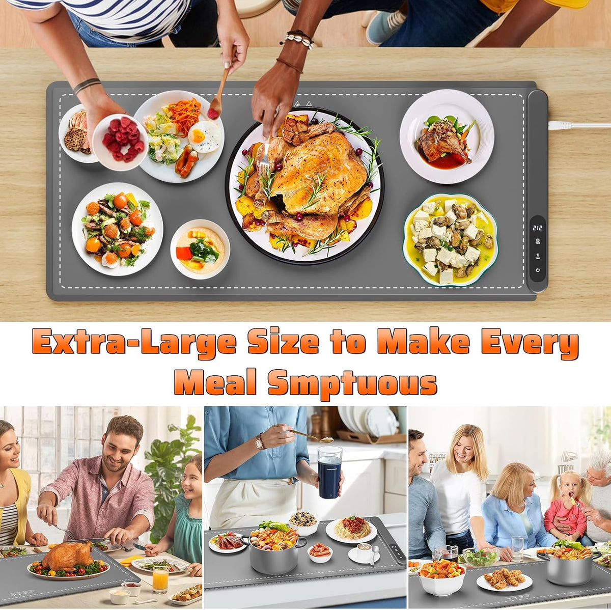 Fast Heating Warming Mat for Food, XL 36"x16", Electric Food Warmer with 6 Level Adjustable Temperature and 6 Hours Timer, Full-Surface Portable Warming Pad Trays for Buffets Party