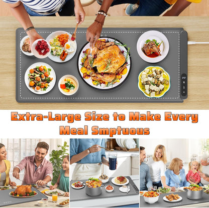 Fast Heating Warming Mat for Food, XL 36"x16", Electric Food Warmer with 6 Level Adjustable Temperature and 6 Hours Timer, Full-Surface Portable Warming Pad Trays for Buffets Party