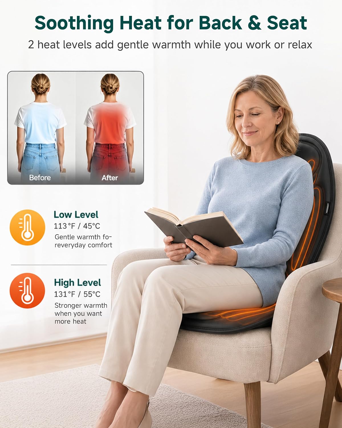 Snailax Back Massager with Heat, Vibration Massage Chair Pad, Seat Cushion | 10 Motors, 5 Modes, 3 Intensities, 2 Heat Settings, 3 Heating Areas, 30/60/90-Min Timer, Foldable, Carry Bag, 2026 Upgraded