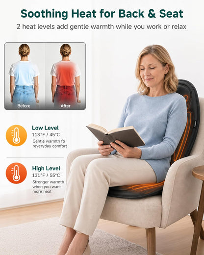 Snailax Back Massager with Heat, Vibration Massage Chair Pad, Seat Cushion | 10 Motors, 5 Modes, 3 Intensities, 2 Heat Settings, 3 Heating Areas, 30/60/90-Min Timer, Foldable, Carry Bag, 2026 Upgraded