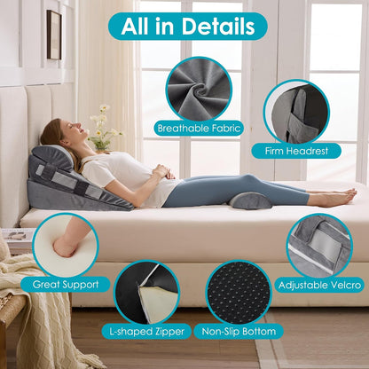 3Pcs Wedge Pillow Set for After Surgery,Acid Reflux Relief, Adjustable Bed Wedge Pillows for Sleeping,Anti Snore, Memory Foam Triangle Pillow for Back&Neck&Shoulder Pain Relief, White&Grey