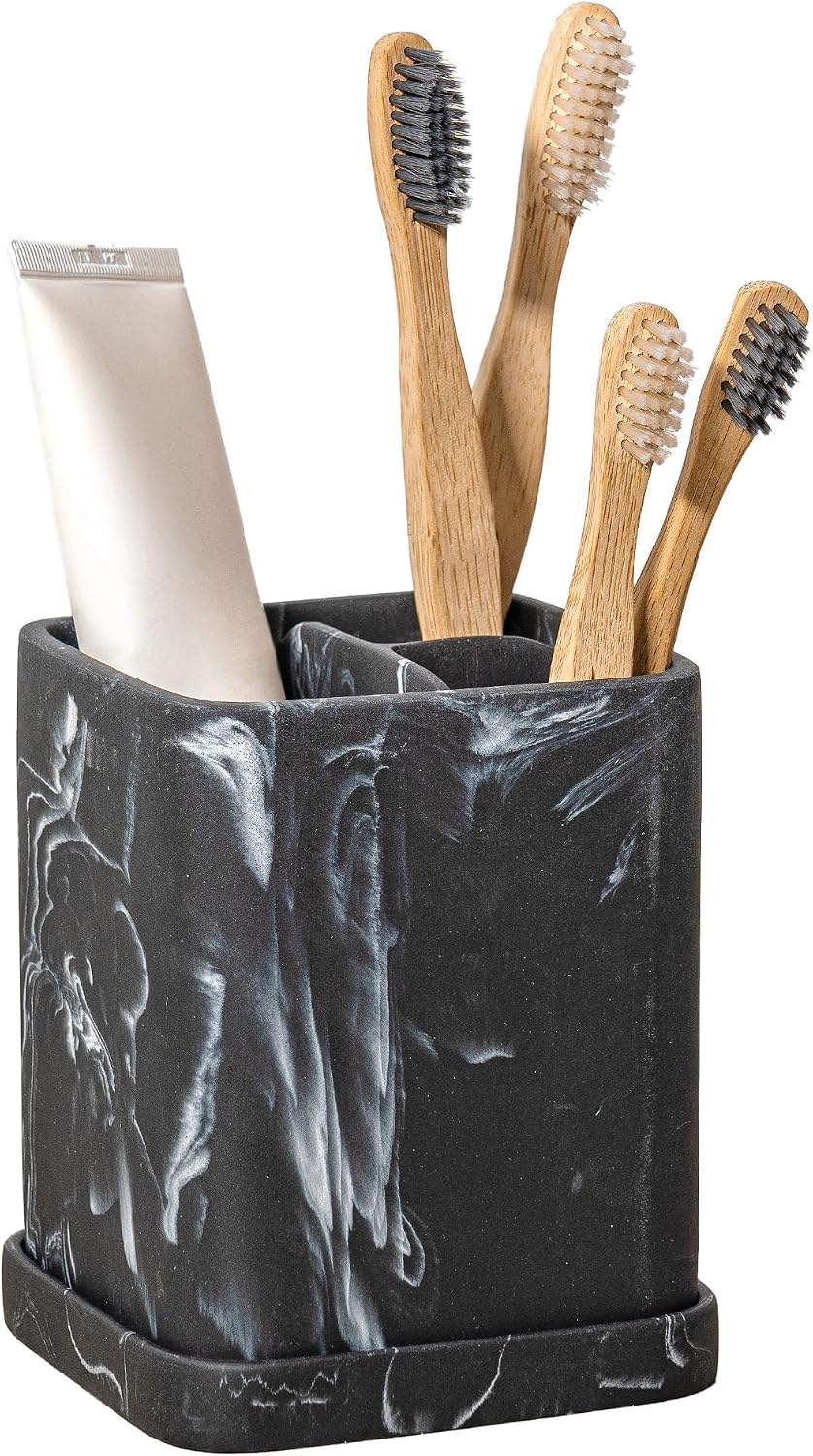 Marble Look Toothbrush Holder for Bathroom Countertop Organizer, Holds Toothpaste, Dental Floss, Razor, Comb, Makeup Brushes, and More, Stylish Bathroom Accessory for Tooth Brushing Essentials