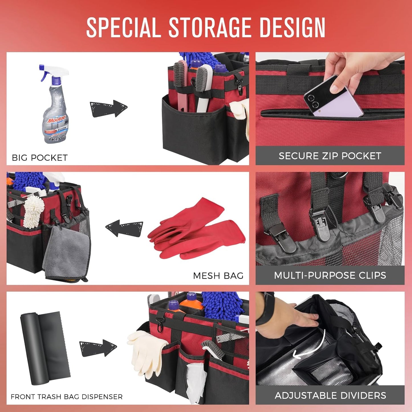 SCAVATA Wearable Cleaning Caddy, Cleaning Caddy Supplies Organizer with Handle & Shoulder Straps for Housekeepers, Under Sink & Car Cleaning Tool Organizers Bag with 4 Foldable Divider (NavyBlue)