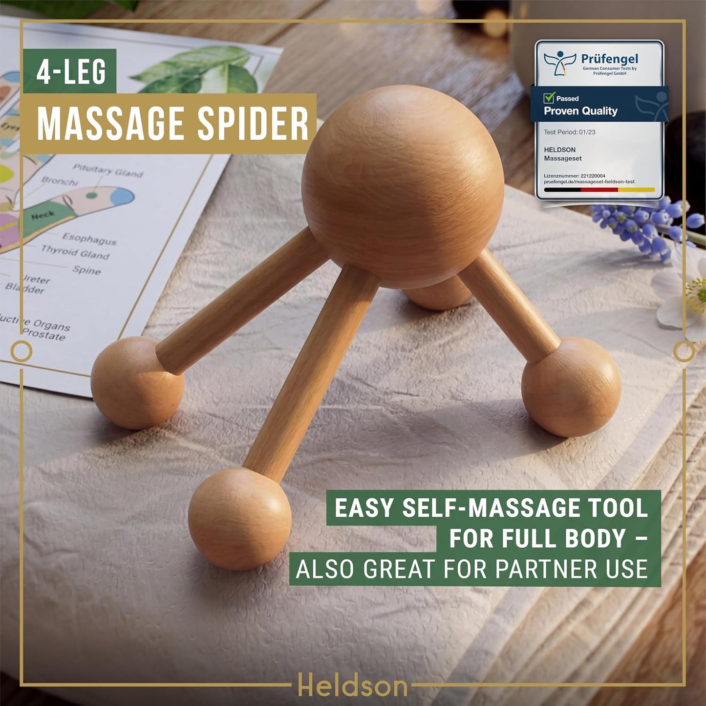 Wooden Massage Set 6 Pcs – Wood Therapy & Trigger Point Tools | Dermatest "excellent", FSC 100% wood, foot roller, back & body massager, incl. reflexology charts & cotton bag