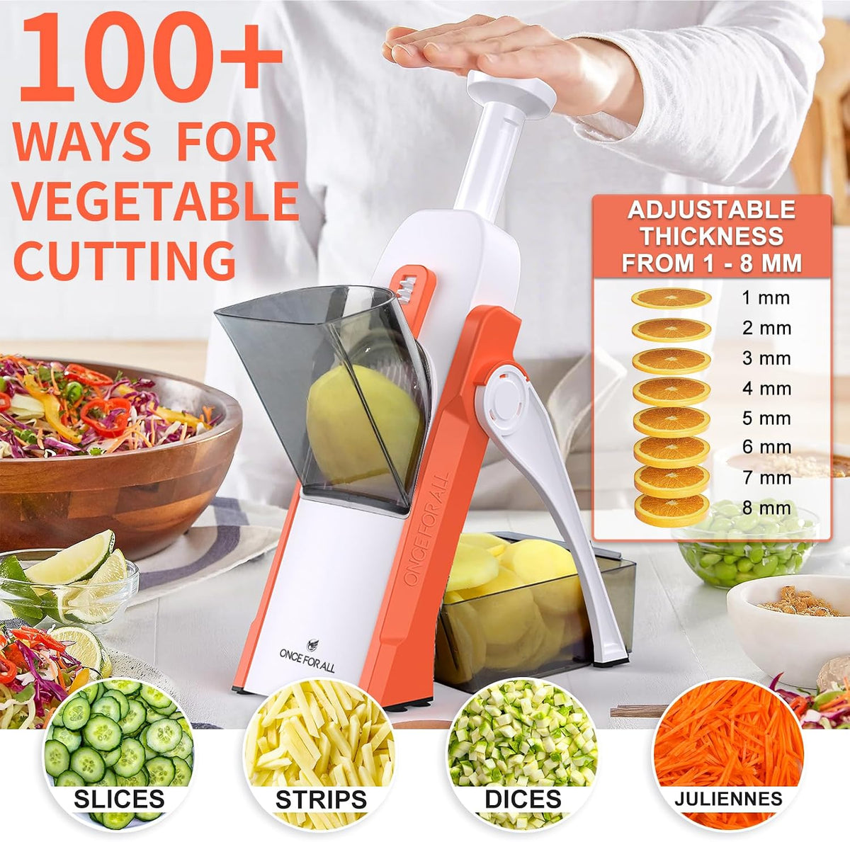 ONCE FOR ALL Safe Mandoline Slicer Kitchen, All in 1 Vegetable Slicer, Gray