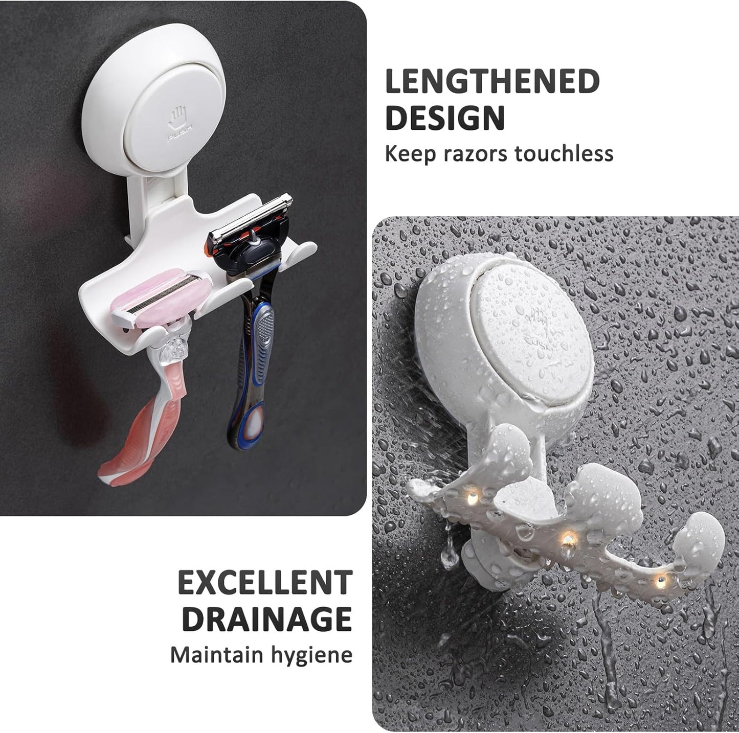 Razor Holder for Shower 2 Pack, Powerful Vacuum Suction Cup Hook for Towel, Loofah, Razor, Squeegee, Damage-Free Wall Shower Hook, Shaver Holder for Bathroom, Easy to Install and Reuse, Black