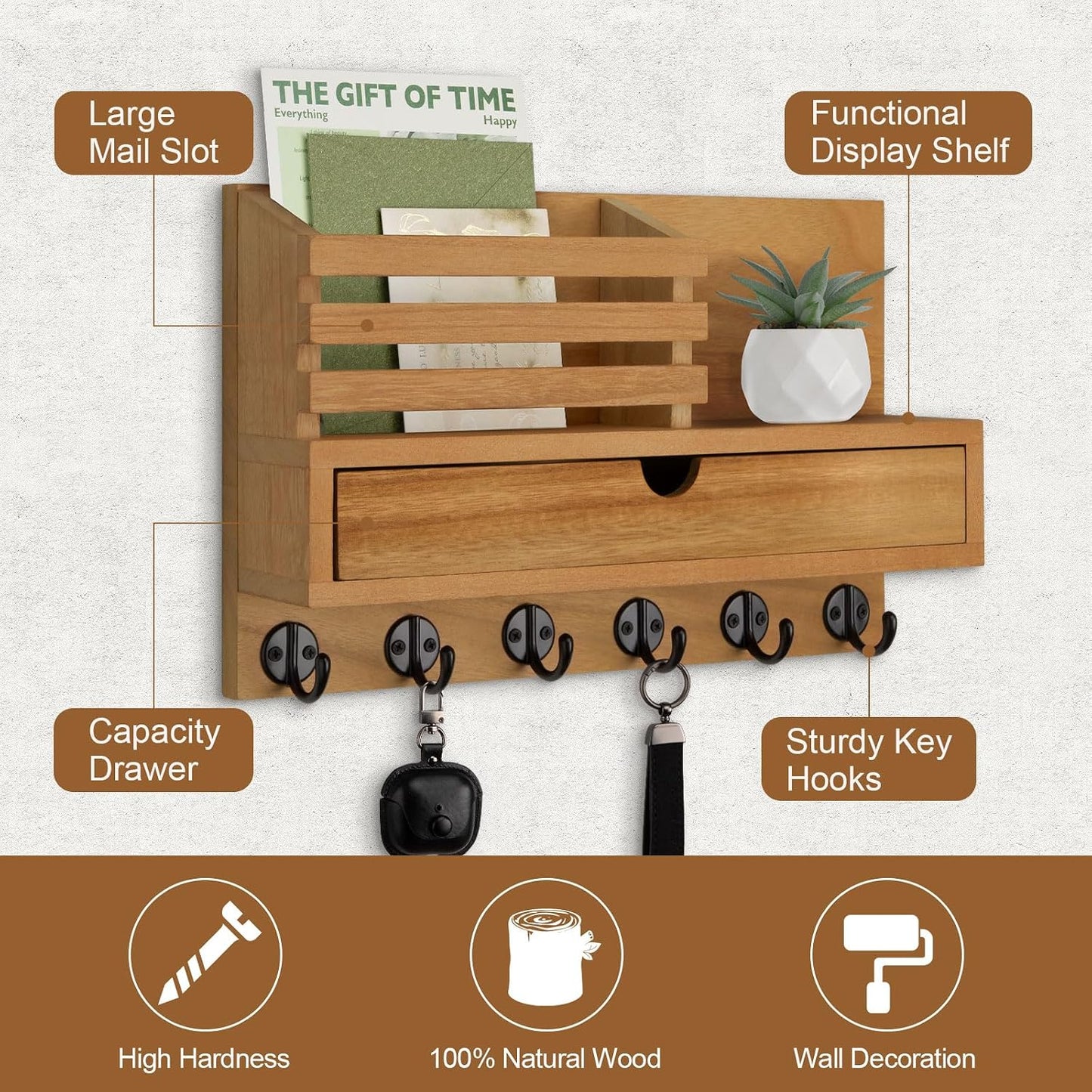 Key Holder Wall Mount, Mail Holder with Storage Drawer | Key and Mail Holder with 5 Key Hooks for Coat, Dog Leash, Home Decor Rack, House Accessories, Entry Way Organizer