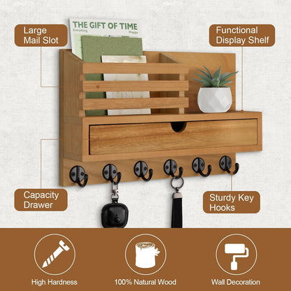Key Holder Wall Mount, Mail Holder with Storage Drawer | Key and Mail Holder with 5 Key Hooks for Coat, Dog Leash, Home Decor Rack, House Accessories, Entry Way Organizer