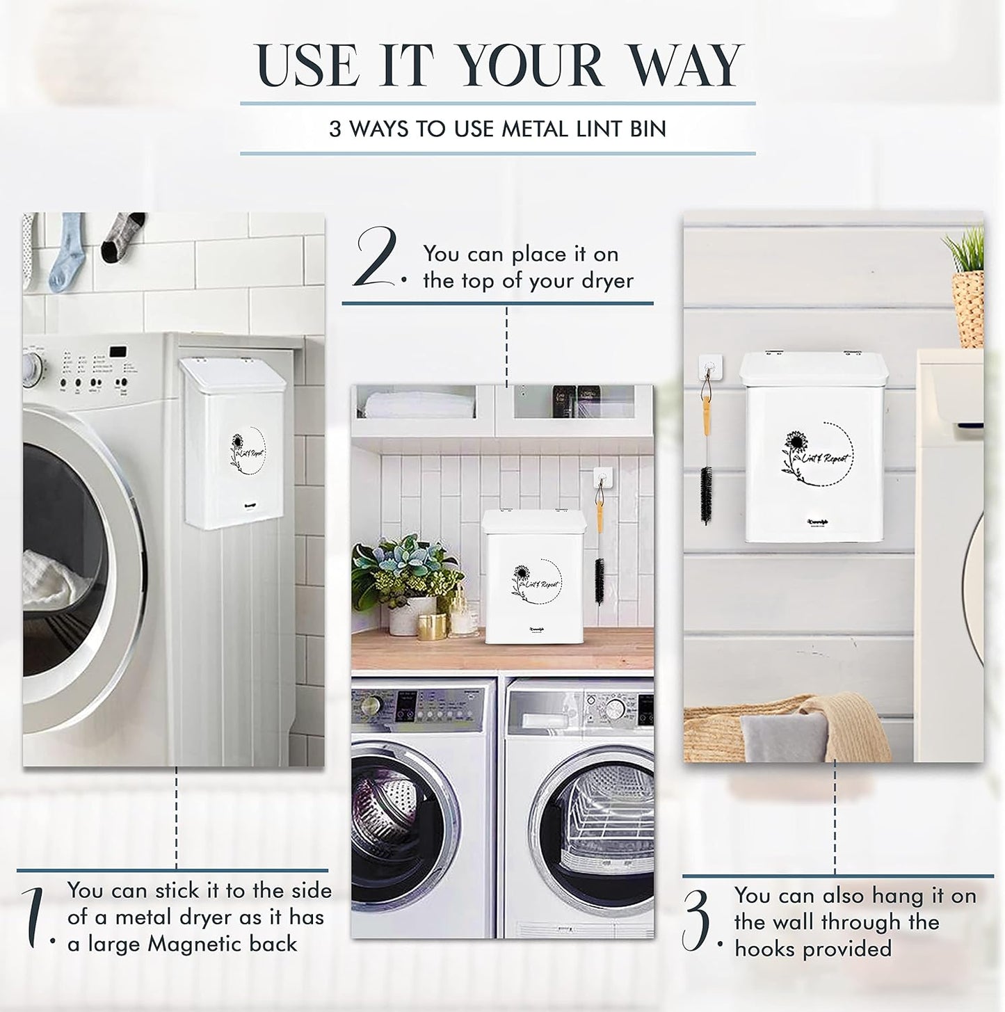 Knowstyle Metal Magnetic Lint Bin for Laundry Room Decor - Laundry Room Trash Can with Dryer Lint Brush for Dryer Vent – Metal Laundry Lint Bin with Clothes Lint Roller