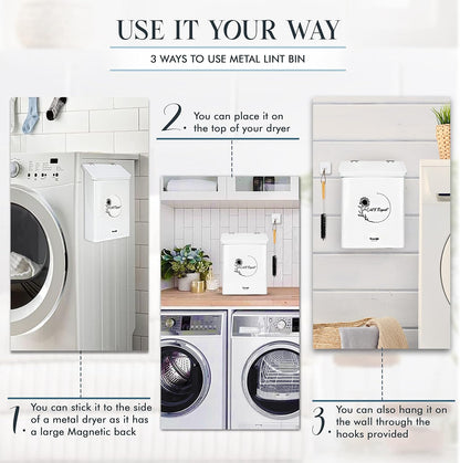 Knowstyle Metal Magnetic Lint Bin for Laundry Room Decor - Laundry Room Trash Can with Dryer Lint Brush for Dryer Vent – Metal Laundry Lint Bin with Clothes Lint Roller