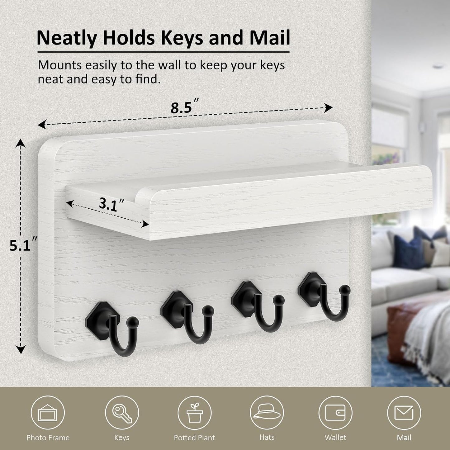 Nekon Key Holder Wall Mount, 8.5 Inch Small Wooden Wall Organizer, Black | Rustic Wall Shelf, Farmhouse Key and Mail Holder for Living Room Entryway Kitchen