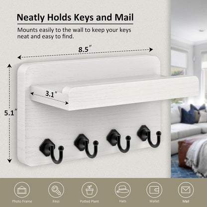 Nekon Key Holder Wall Mount, 8.5 Inch Small Wooden Wall Organizer, Black | Rustic Wall Shelf, Farmhouse Key and Mail Holder for Living Room Entryway Kitchen
