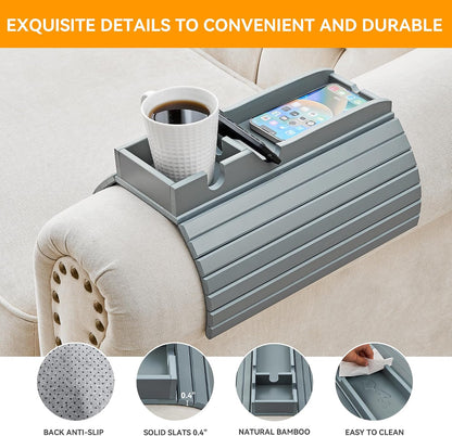 GEHE Bamboo Couch Cup Holder, Anti-Spill Sofa Arm Tray, Natural and Easy to Clean Couch Arm Cup Holder Armrest Tray Perfect for Cups, Beers, Snacks, Remote Control, Drinks