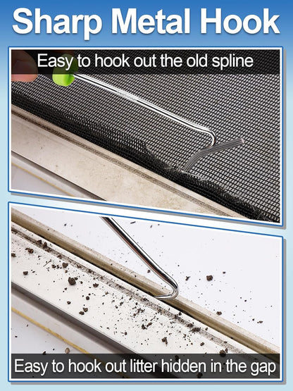 MEWTOGO 3 in 1 Screen Repair Kit, Window Screen Replacement Tools | Including 32.8ft Spline, Roller, Removal Hook,for Replacing & Installing Door Window Screens