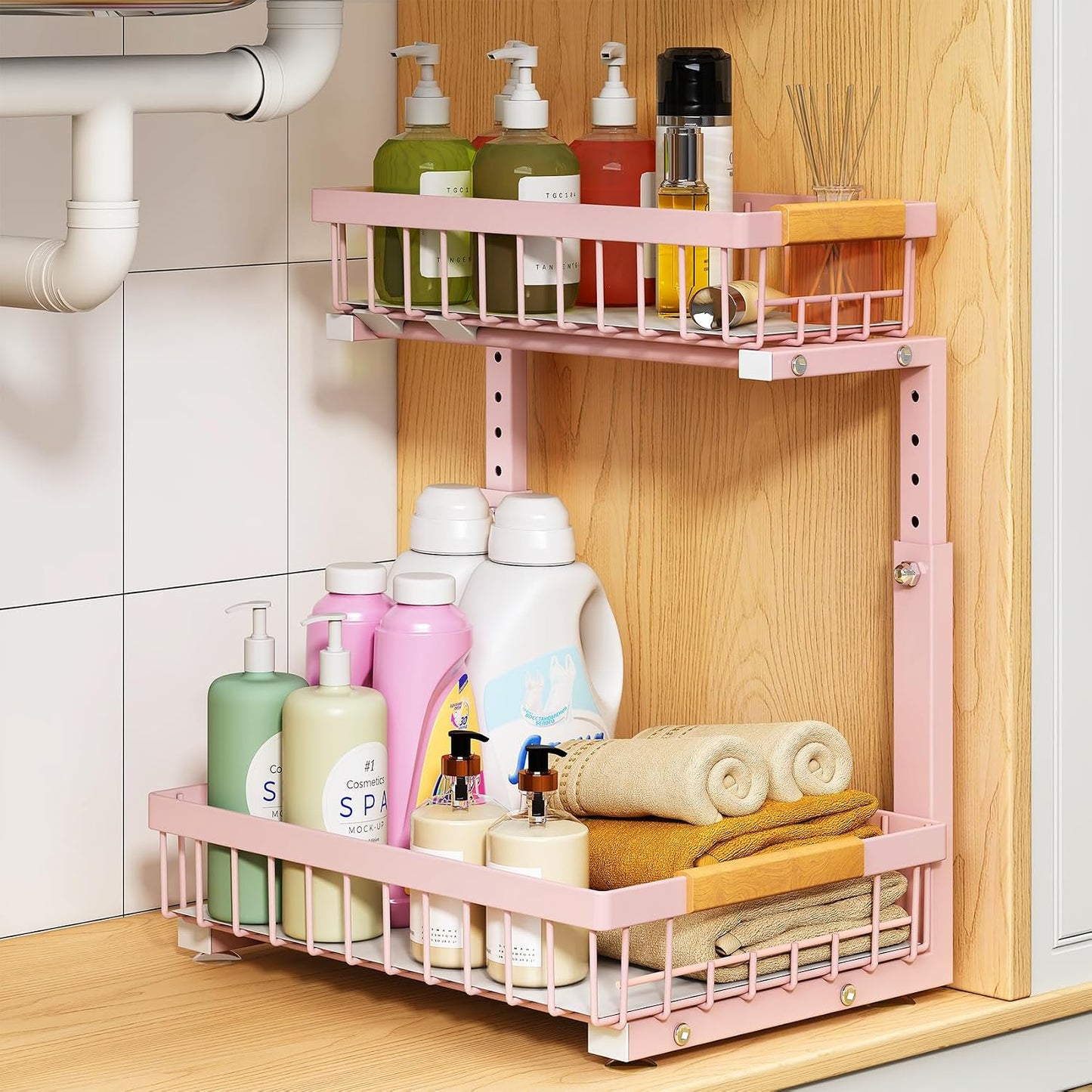PXRACK Under Sink Organizer, Adjustable Height, 2 Tier Pull Out Under Cabinet Organizer, Slide Out Thickened Metal Under Sink Storage for Kitchen Bathroom Laundry Pantry Cabinet, White, Large-2-Pack
