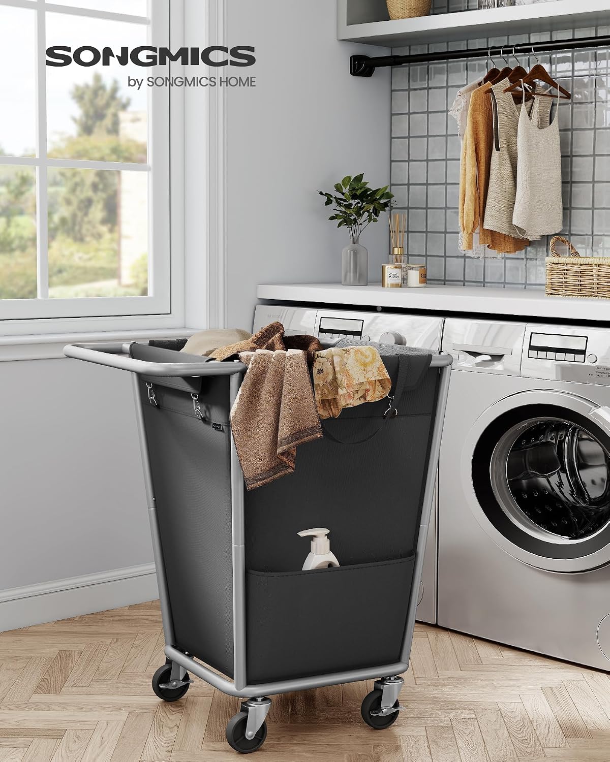 SONGMICS Laundry Basket with Wheels, 3-Section Laundry Sorter, 76.6 Gallons (290 L) Rolling Hamper with Removable Bags, Heavy-Duty Steel Frame, Cream White, Dark Gray and Ink Black URLS010X01