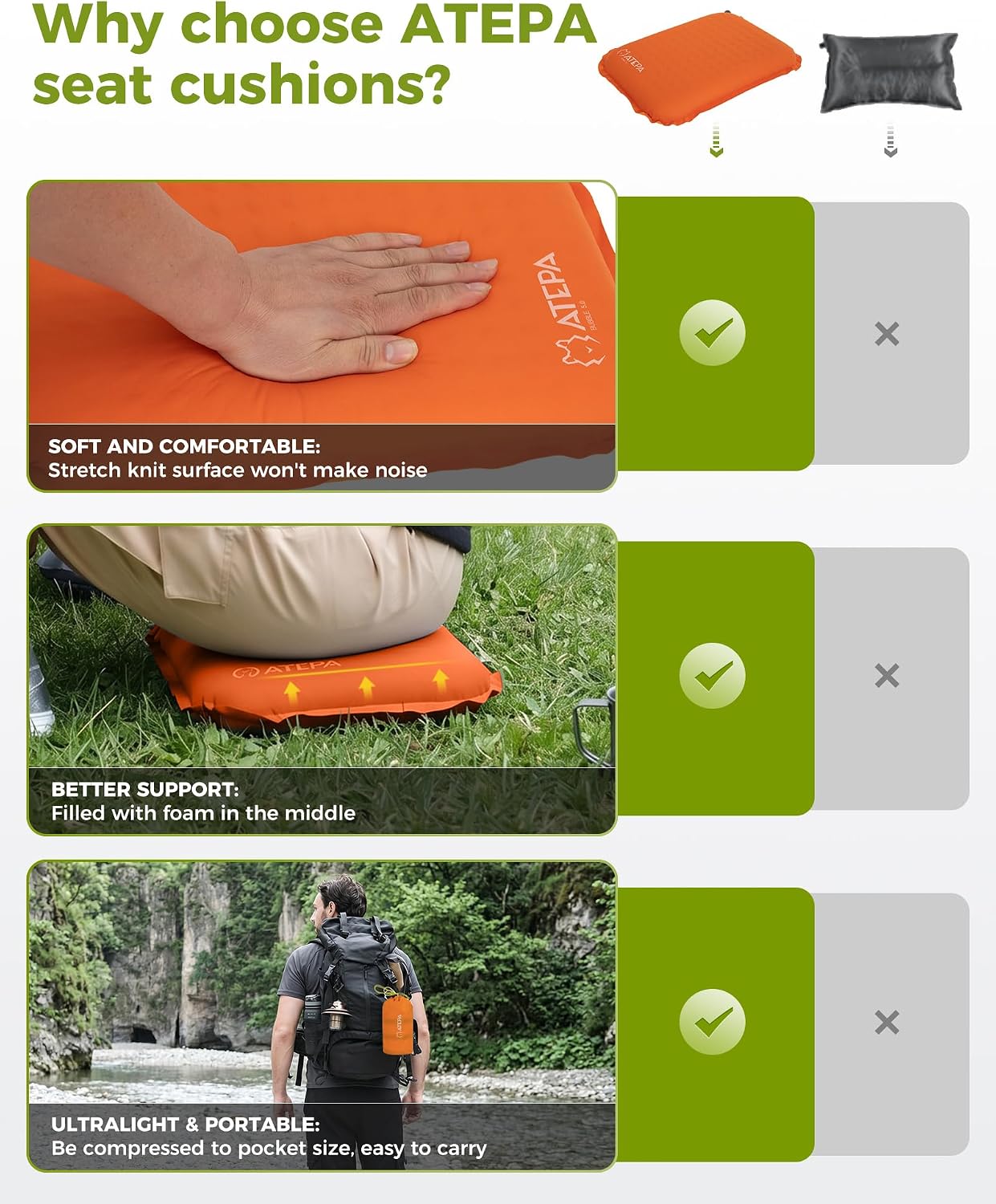 ATEPA Inflatable Seat Cushion | 2" & 2.5" foam core seat pad, Self inflating, Compact, Stadium, Airplane, Travel, Camping, Hiking, Sports events