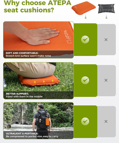 ATEPA Inflatable Seat Cushion | 2" & 2.5" foam core seat pad, Self inflating, Compact, Stadium, Airplane, Travel, Camping, Hiking, Sports events