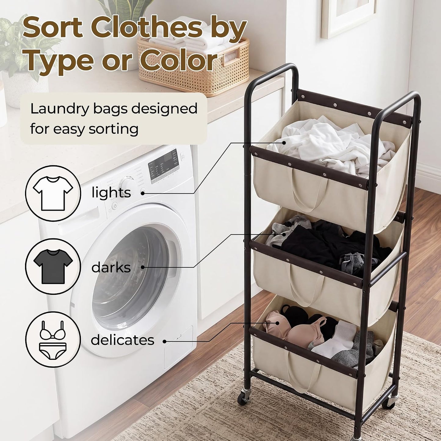 GRANNY SAYS 3 Tiered Laundry Sorter, Narrow Hamper Cart with Wheels | Sturdy 3 Section Laundry Basket with Wheels, Vertical Beige Hamper Cart for Bedroom, Bathroom, Apartment