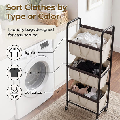 GRANNY SAYS 3 Tiered Laundry Sorter, Narrow Hamper Cart with Wheels | Sturdy 3 Section Laundry Basket with Wheels, Vertical Beige Hamper Cart for Bedroom, Bathroom, Apartment