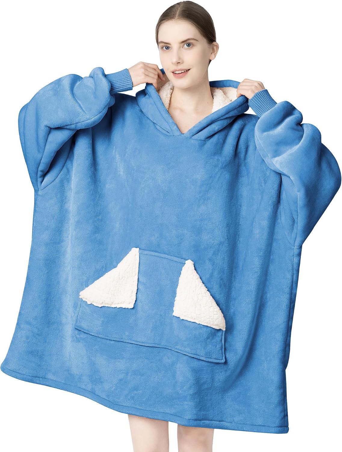 Wearable Blanket Hoodie, Oversized Sherpa Fleece Sweatshirt Blanket with Giant Hood Pocket and Sleeves for Adult, Warm & Cozy Grey Blanket Gifts for Women