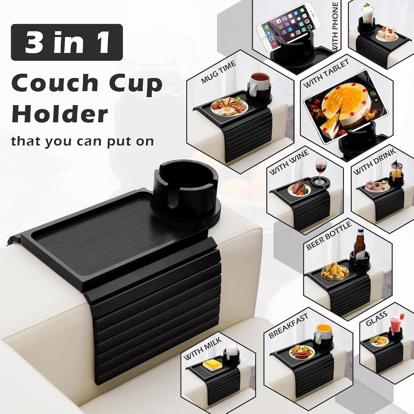 GHKINMAL Couch Cup Holder Tray, 3 in 1 Couch Arm Trays,Large Bamboo Chair Arm Rest Tray with 360° Cup Holder,Removable Anti-Slip Organizer for Snack Eating