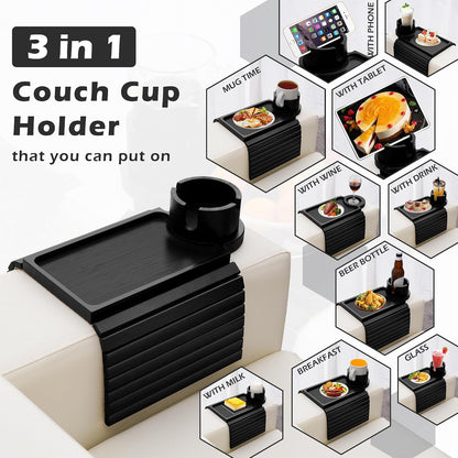 GHKINMAL Couch Cup Holder Tray, 3 in 1 Couch Arm Trays,Large Bamboo Chair Arm Rest Tray with 360° Cup Holder,Removable Anti-Slip Organizer for Snack Eating