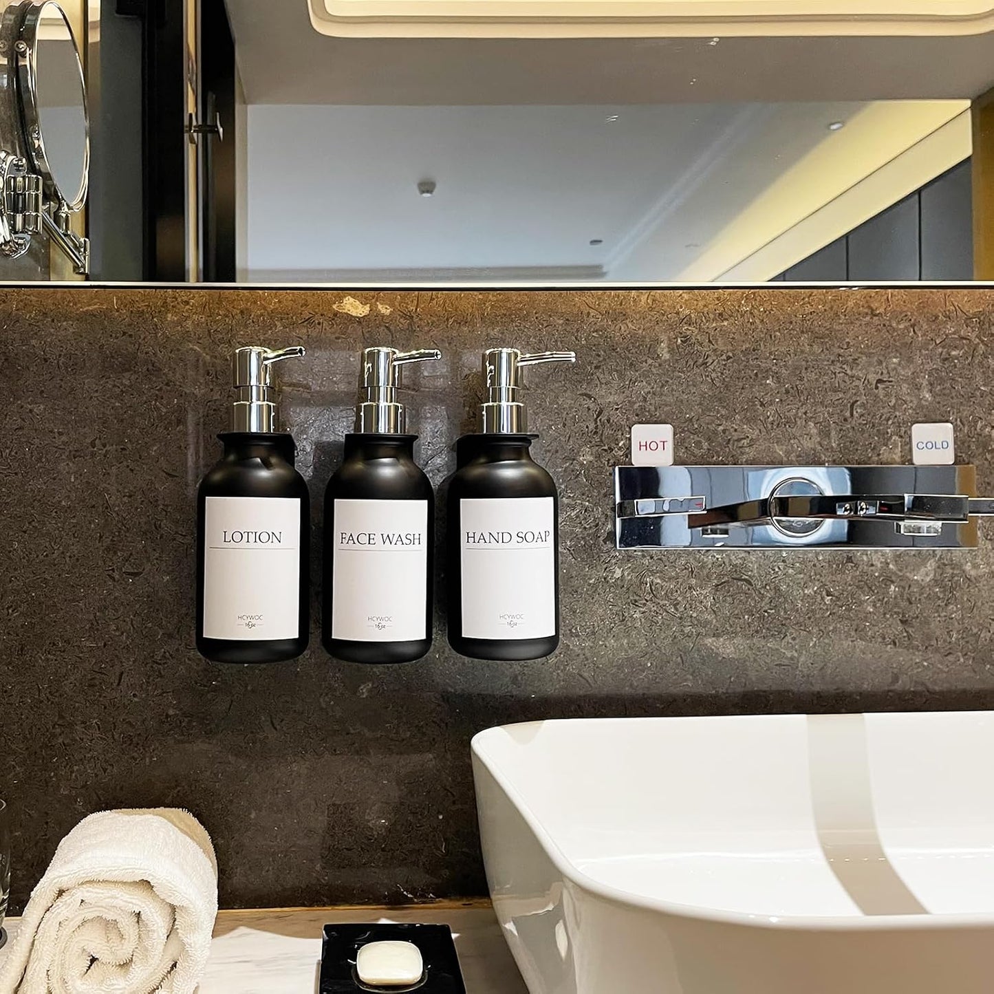 3 Pack Wall Mount Shower Dispenser, No Drill, 16 Waterproof Labels | Shampoo Dispenser for Shower Wall, Shampoo and Conditioner Dispenser, Bathroom, 17oz, Gold Amber