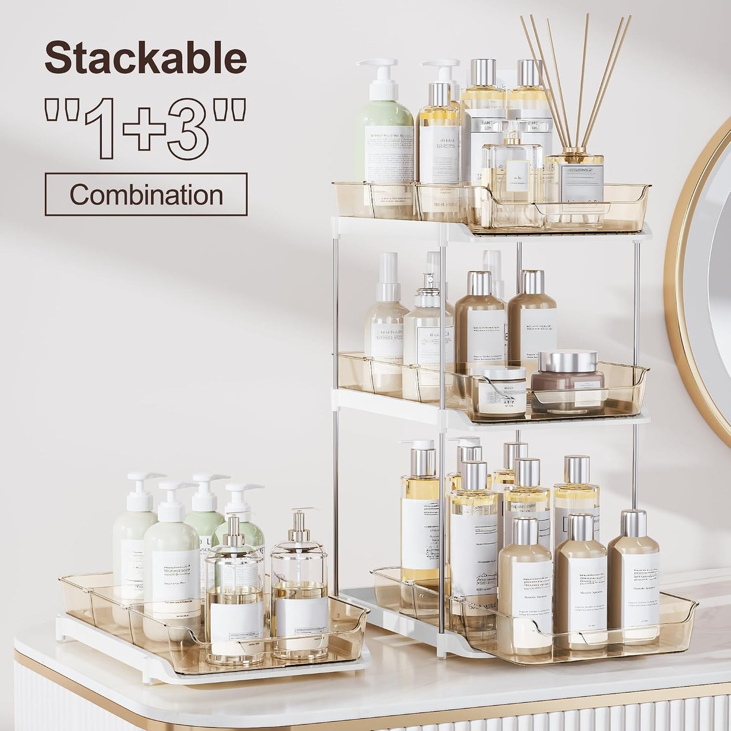 Delamu 2-Tier Multi-Purpose Bathroom Under Sink Organizers and Storage, Stackable Kitchen Pantry Organization, Pull Out Medicine Cabinet Organizer with Movable Dividers, White, 2 Pack