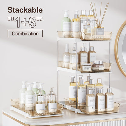 Delamu 2-Tier Multi-Purpose Bathroom Under Sink Organizers and Storage, Stackable Kitchen Pantry Organization, Pull Out Medicine Cabinet Organizer with Movable Dividers, White, 2 Pack