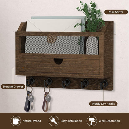Nekon Key and Mail Holder for Wall, Key Organizer with Drawer, White | 11"W x 7.9"H x 3.1"D Wooden Key Rack with 5 Hooks, Mail Organizer for Home Decor