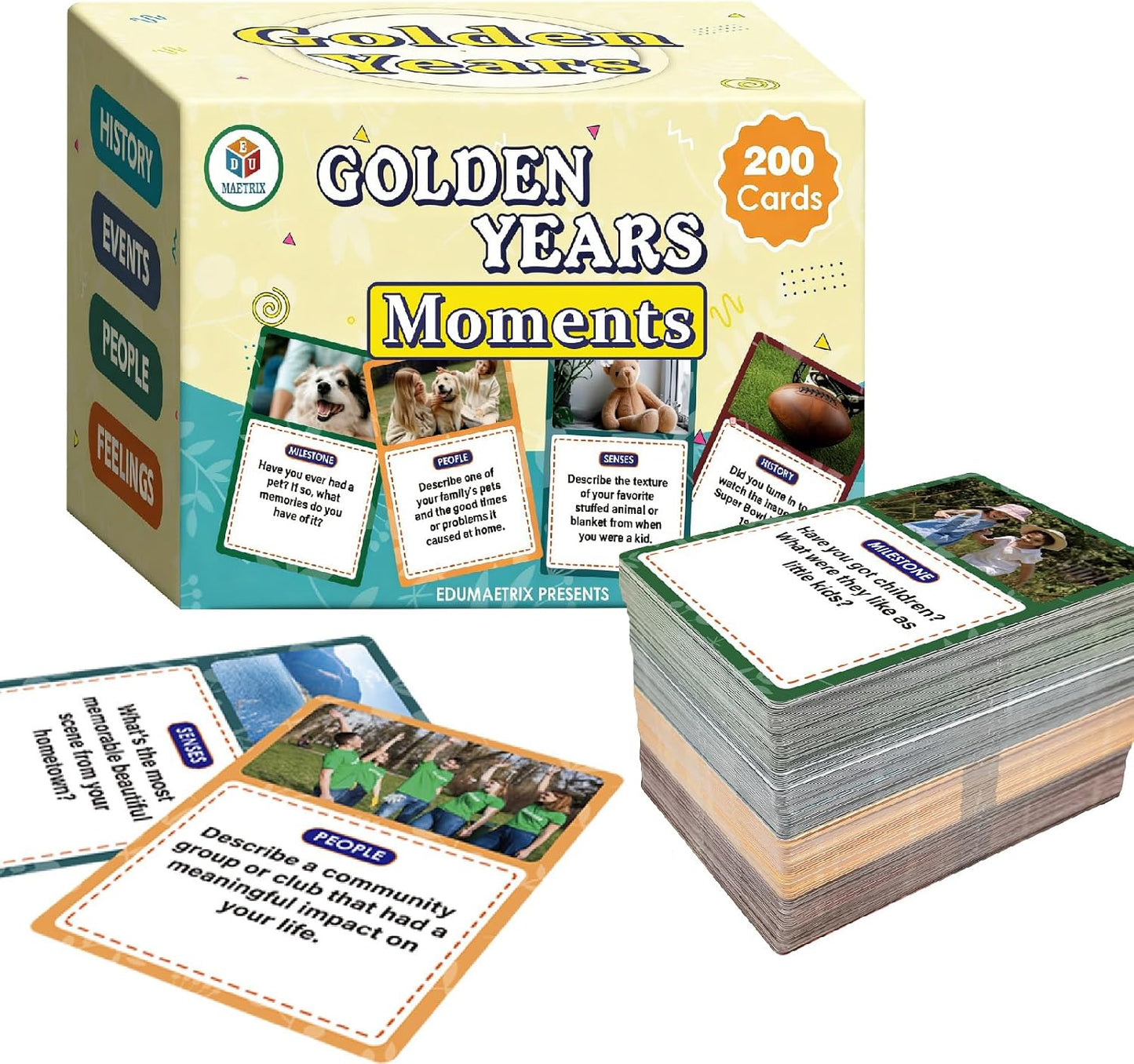 Golden Years Memories Card Game, 200 Conversation Cards for Seniors, Alzheimer Reminiscence Therapy Activities, Memory and Dementia Support (Large Font, 3.5" X 5")